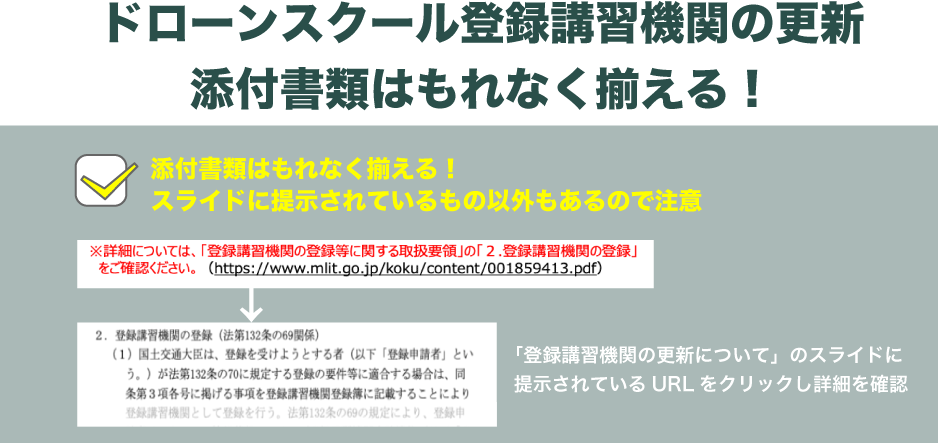 ドローンスクール登録講習機関の更新には添付書類が必要