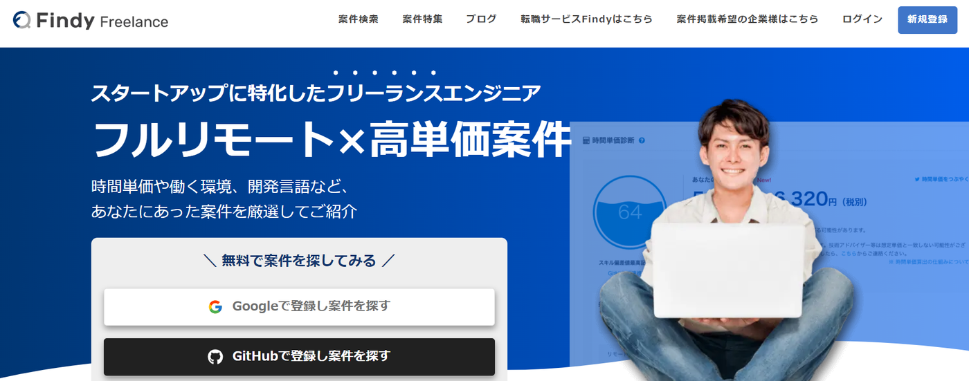 Findy Freelance｜スタートアップに特化したフリーランスエンジニア フルリモート×高単価案件に特化 時間単価や働く環境、開発言語などあなたにあった案件を厳選してご紹介