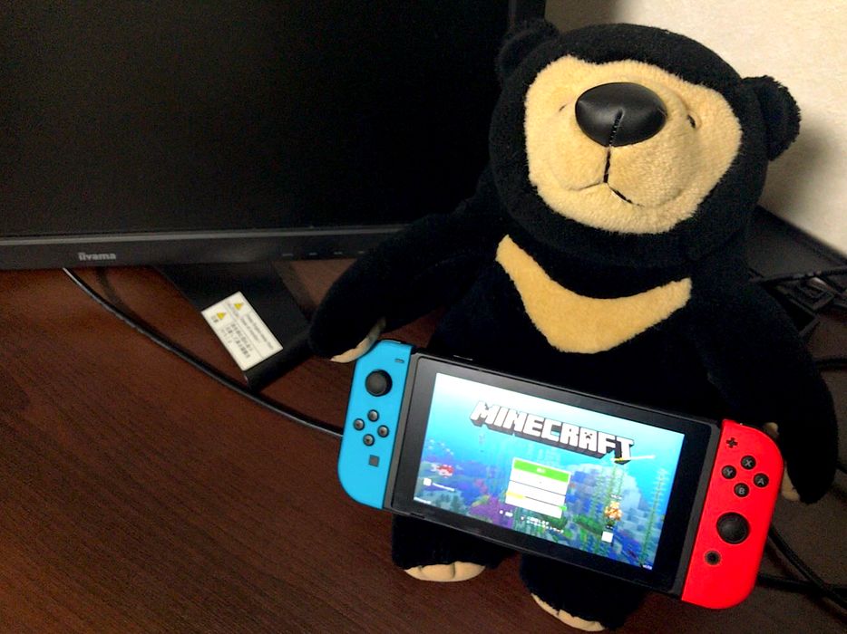 ぬいぐるみの足にニンテンドースイッチが乗せてある様子